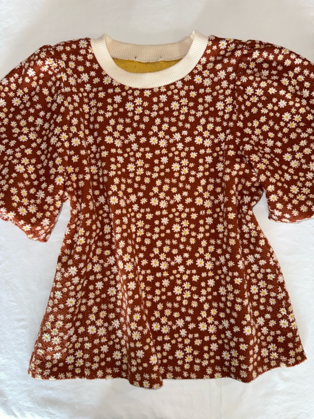 THML Women’s Rust Floral Puff Sleeve Top with Cream Trim M